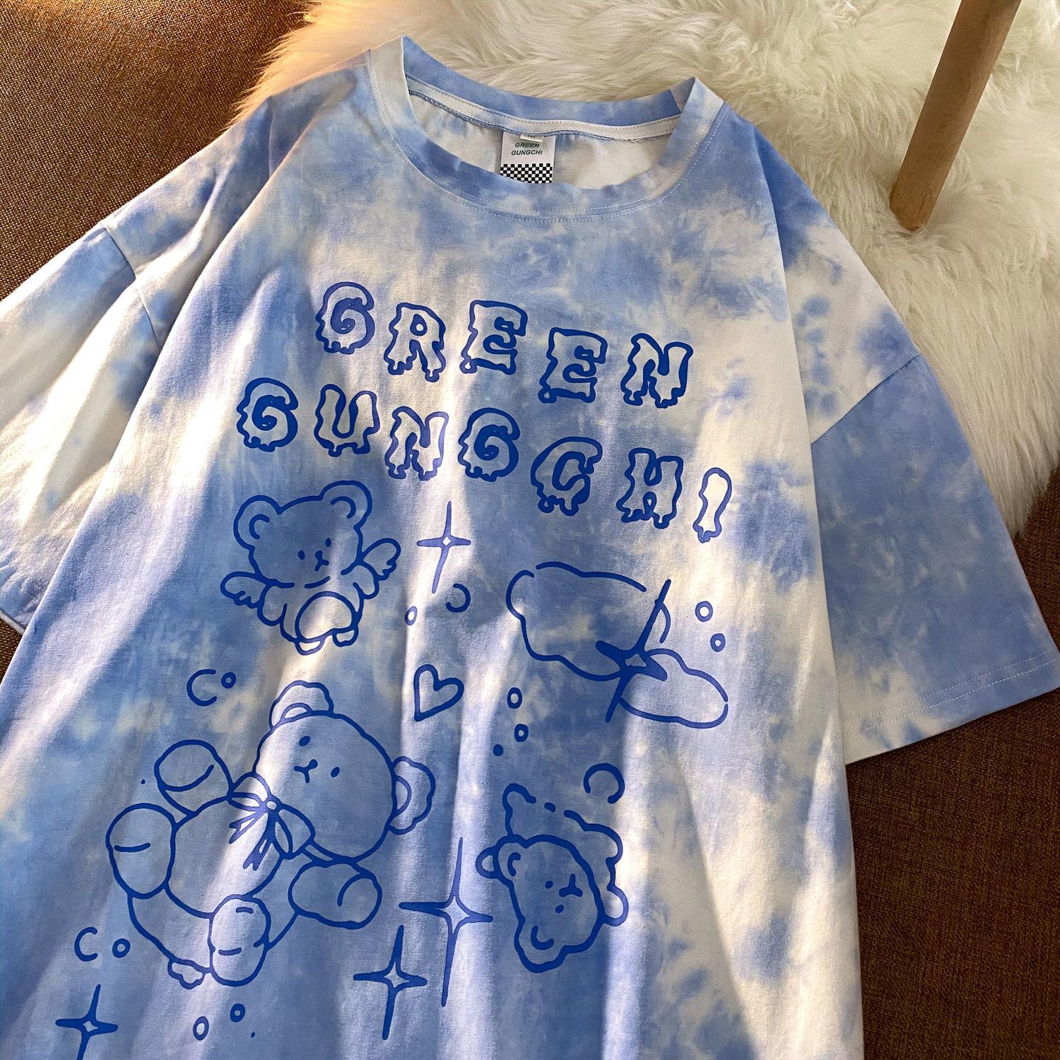 Baumwolle Nette Bär T-shirt Streetwear Sommer Übergroßen T Shirt Frauen Harajuku Kurzen Ärmeln Tops T Hip Hop Krawatte Gefärbt T-shirt lustig XL blau