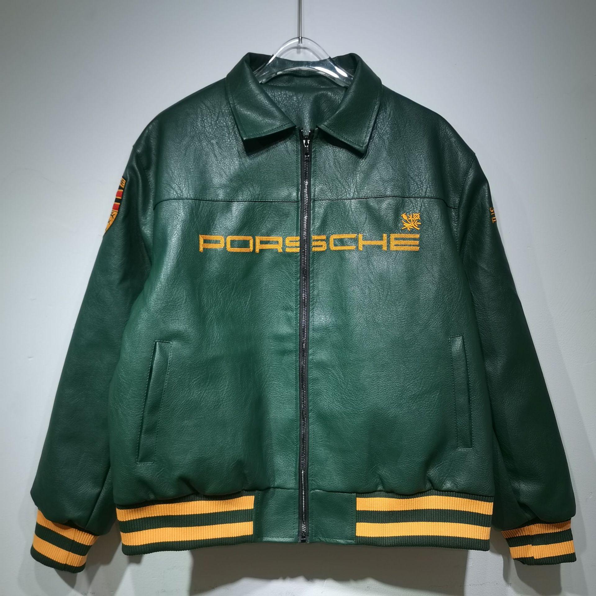 Porsche Racing Retro Lederjacke mit Stickerei-Emblem für Herren und Damen Extra Large grün