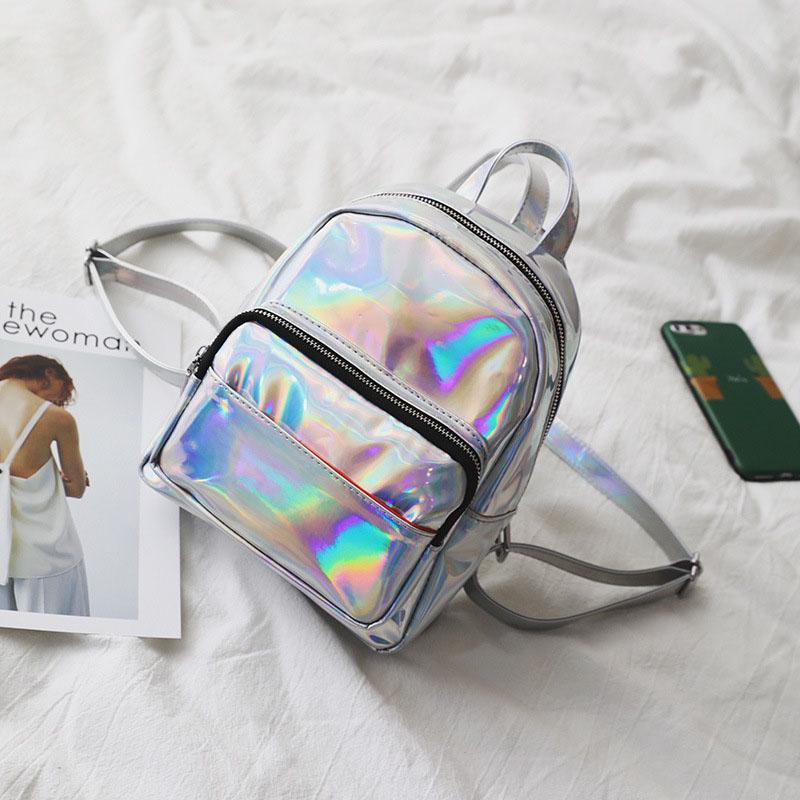 SCIONE Hologramm Laser Tasche Silber Rucksäcke Damen Mode Leder Teenager Mädchen Schulter Schultasche silber