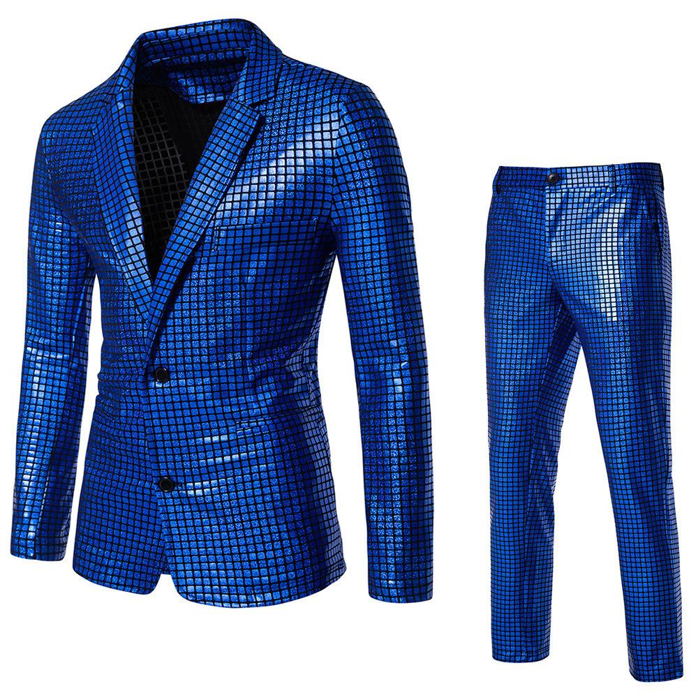 Herren Glänzende 2-teilige Anzüge Blazer Hose Terno Masculino Mode Party DJ Club Kleid Smoking Anzug Herren Bühne Sänger Kleidung L blau