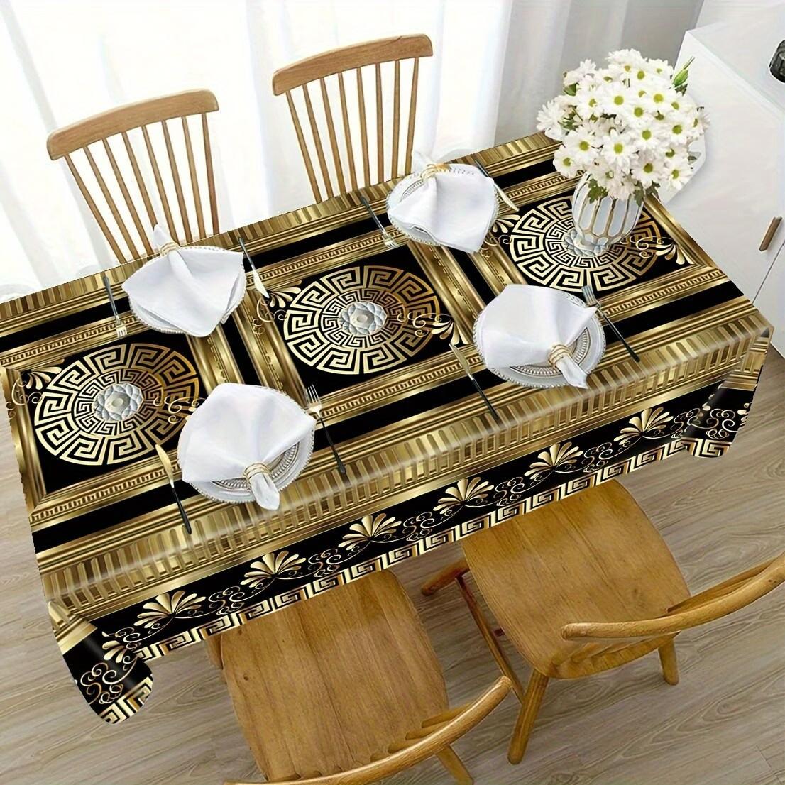 Schwarz-Gold Mystisches Mondfest Tischdecke - Ethnisch Bedruckte Dekoration für Esstisch, Party und Zuhause Feiertags-Tischdecke Knitterarm 90 * 90cm short plush