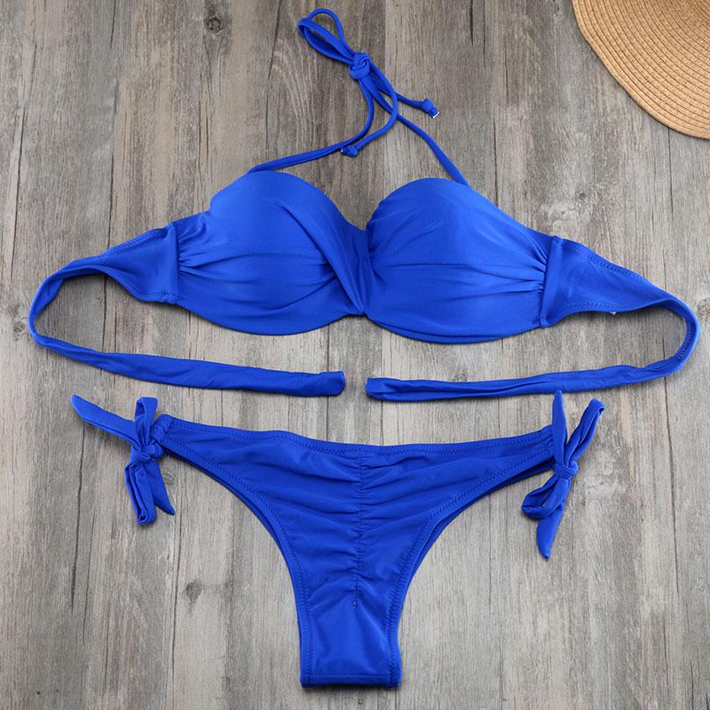 Bikini Rüschen Po Bikinis Set Pad Push Up Bikini S bis XXL Bademode Damen Bandage Badeanzug Badeanzug Schwimmanzug für Damen L blue