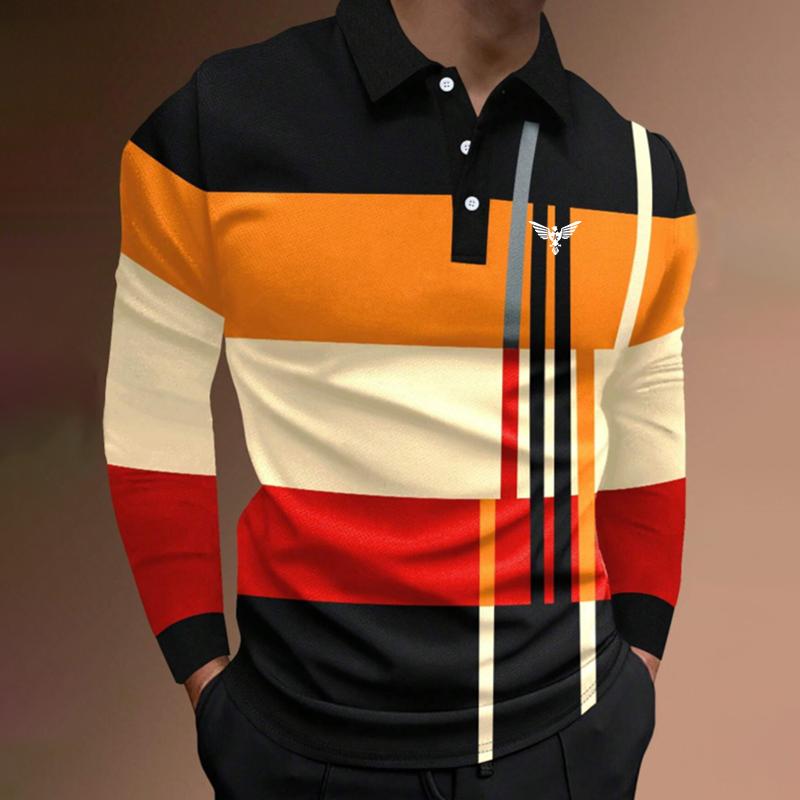Herren Poloshirt mit Logo-Print und langen Ärmeln, lässige Mode, Zauberfarbe, lässiges Golf-Poloshirt S orange