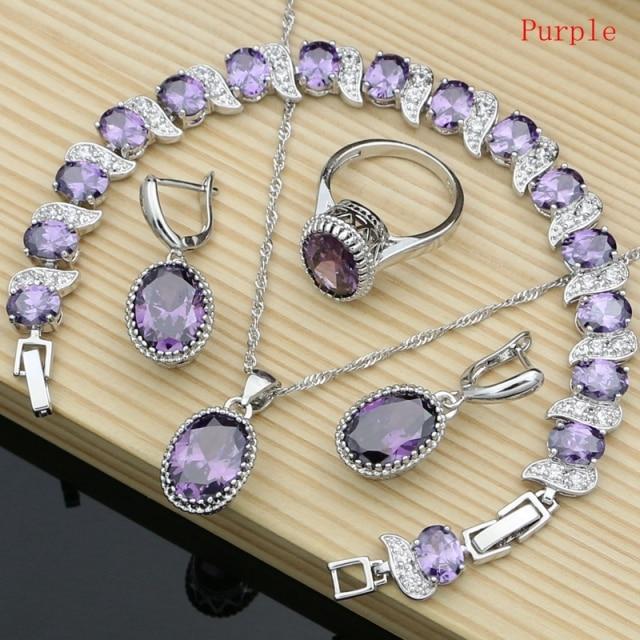 Natürlicher 925er Silberschmuck, roter Geburtsstein, Charm-Schmuckset für Damen, Ohrringe/Anhänger/Halskette/Ring/Armbänder 10 violett