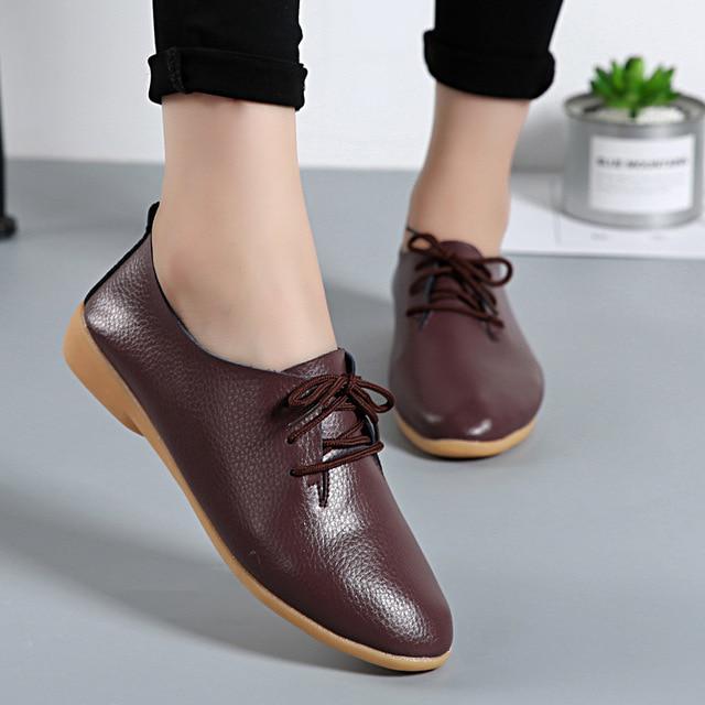 Echtes Leder Sommer Faulenzer Frauen Casual Schuhe Mokassins Weiche Spitz Damen Schuhe Frauen Wohnungen Schuhe Weibliche 42 kaffeebraun