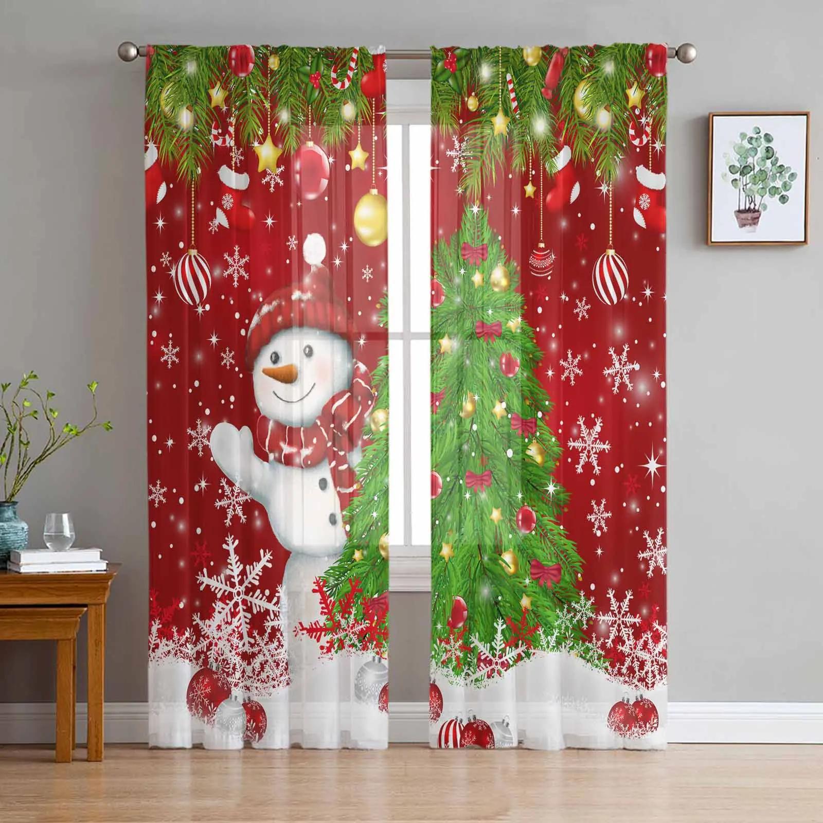 Weihnachten Schneemann Kiefernzweig Socken Süßigkeiten Transparente Vorhänge für Wohnzimmerdekoration Fenstergardinen Küche Tüll Voile Gardinen W135 x H115cm x1 brown