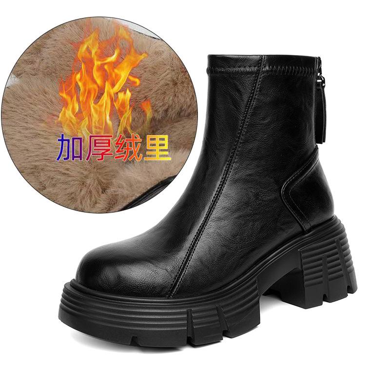 Mode 7CM Mode Damen Stiefeletten Hoher Absatz Runde Spitze Dicker Absatz Reißverschluss hinten Mode Stiefel Britischer Stil Plateau Schuhe Damen 40 black