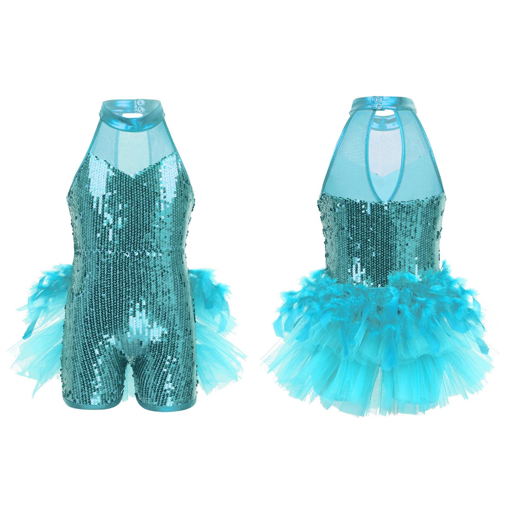 Mädchen Pailletten Jazz Latin Ballett Tanz Kostüm Trikot Overall Kinder Ärmellose Mock Neck Glänzende Tanz Kleid Kostüme 7-8 Years hellblaue