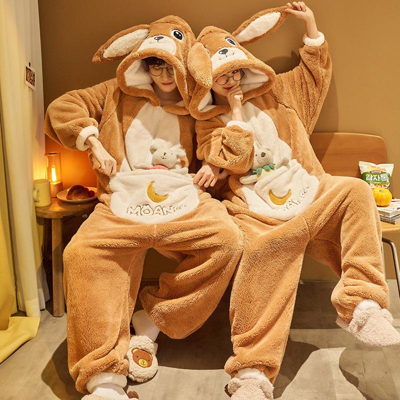 Kigurumis Känguru Damen Herren Pyjama Winter Warme Nachtwäsche Paar Pyjama Onesie Verdicken Jumpsuits Niedlicher Cartoon Onesie Loungewear M