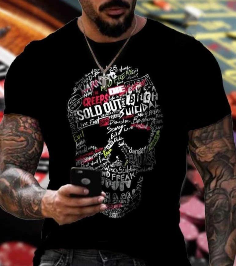 Totenkopf Totenkopf 3D Streetwear T-Shirt Kostüme Polyester Schwarz Neu 3XL
