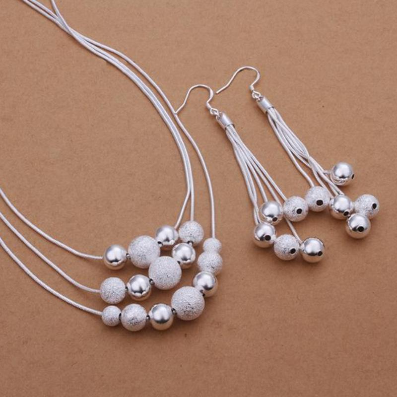 Versilbertes Halsketten-Set S925 Silber Armband-Set Edlen Schmuck Silberschmuck Dreizeilige Mehrperlen-Halskette Ohrringe Mode zweiteiliges Set