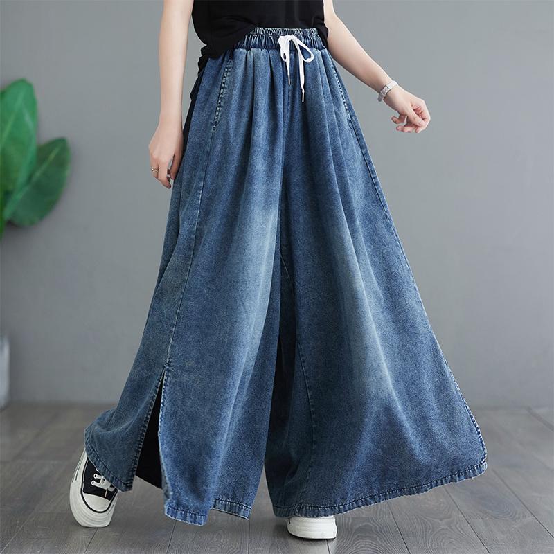 DIMANAF 2024 Sommer Große Größen Damen Jeans Lange Hosen Basic Hose Lockere Hose mit weitem Bein Lässig Einfarbig Blau Große Größe XL blau