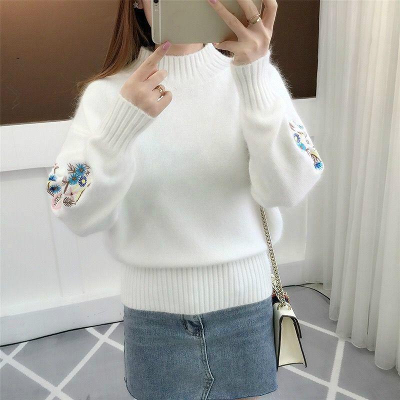 Frauen Gestrickte Pullover Floral Stickerei Dicken Pullover Pullover Herbst Winter Neue Langarm Turleneck Pullover One size weiß