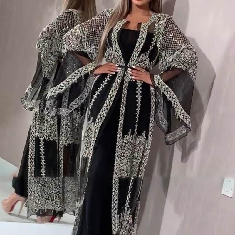 Damen Abendkleid Elegant Glänzend Bronzefarbenes Partykleid Set Mesh Strickjacke Langes Kleid Schal Geburtstag XS schwarz
