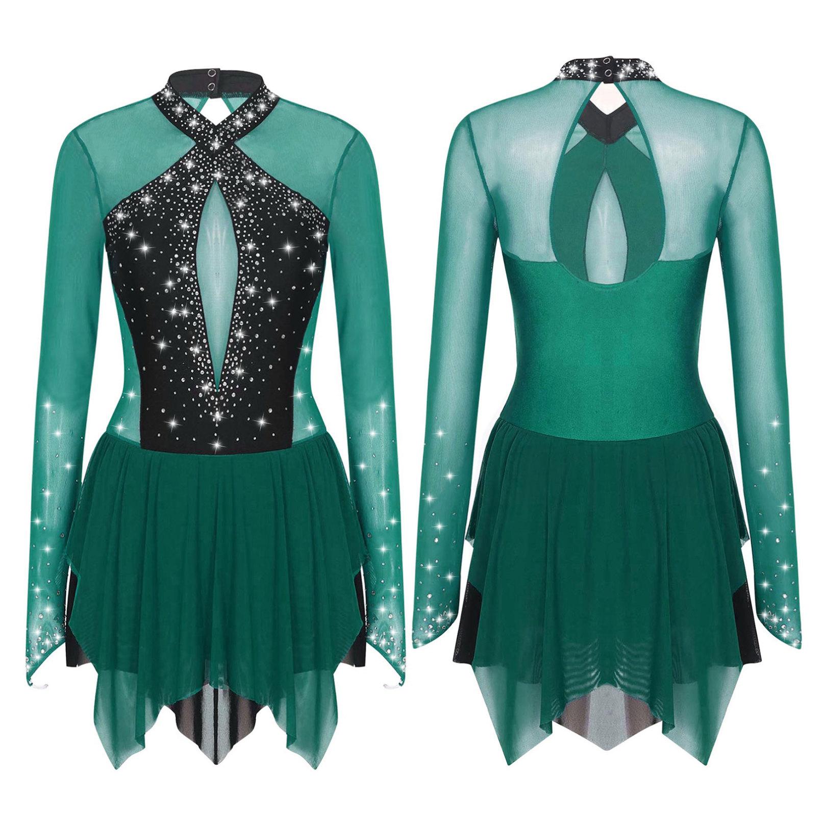 Frauen Glänzende Strass Eiskunstlauf Kleid Ballett Rhythmische Gymnastik Lyrical Dance Kostüm Langarm Sheer Mesh Trikot Kleid L dunkelgrüne
