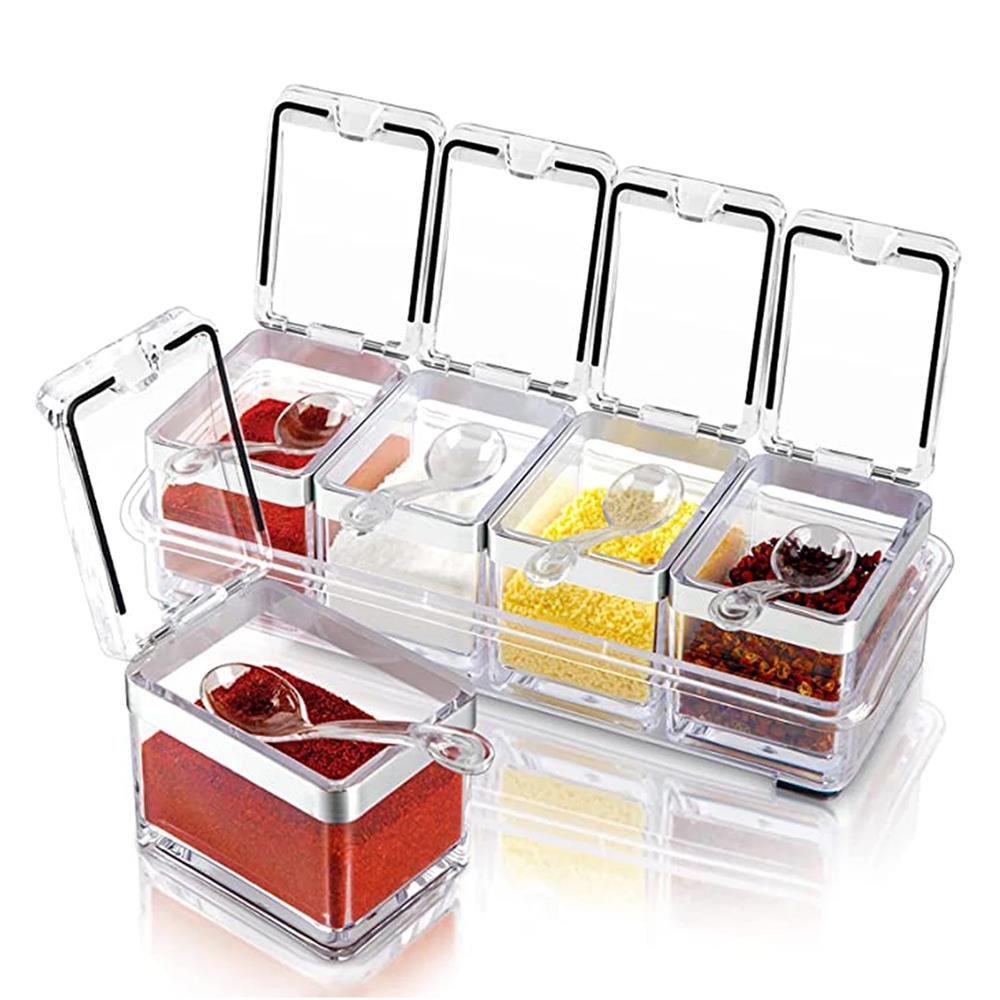 Transparente Gewürzbox, 4er-Set, Aufbewahrungsbehälter für Gewürze aus Kristallglas mit Löffel, transparentes Gewürzregal, Gewürztöpfe für Pfeffer und Gewürze gray