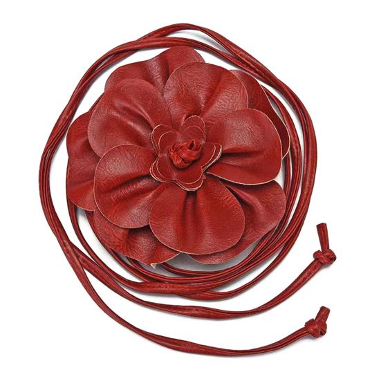 Boho-Blumen-Taillengürtel für Damen und Mädchen, florales Kunstleder, Seil, Taillenband, Hochzeitskleid, dünner Bund wein rot