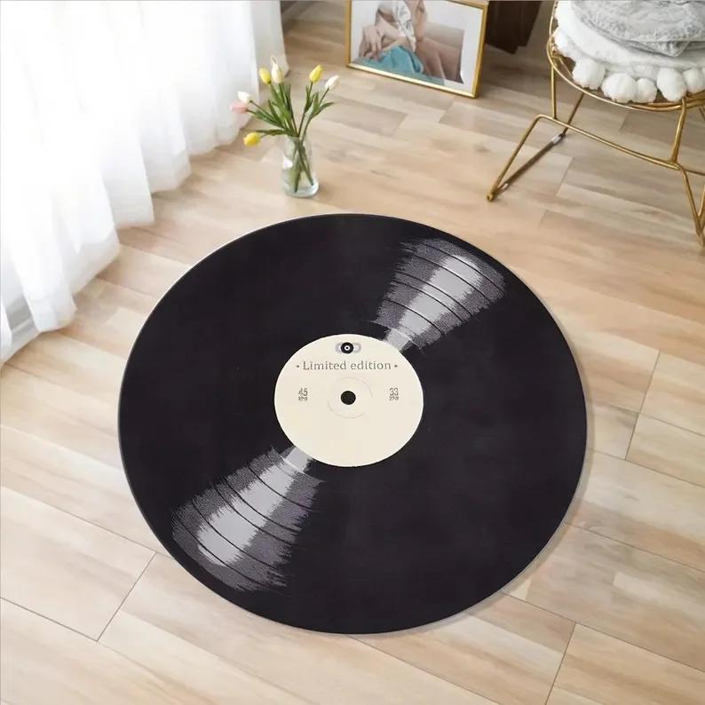 Bedruckter Vinyl Schallplatte Teppich Maschinenwaschbarer Teppich Geschenk für Musikliebhaber Teppich Retro Vinyl Schallplatte Runder Teppich Rutschfeste Matte 60cm white