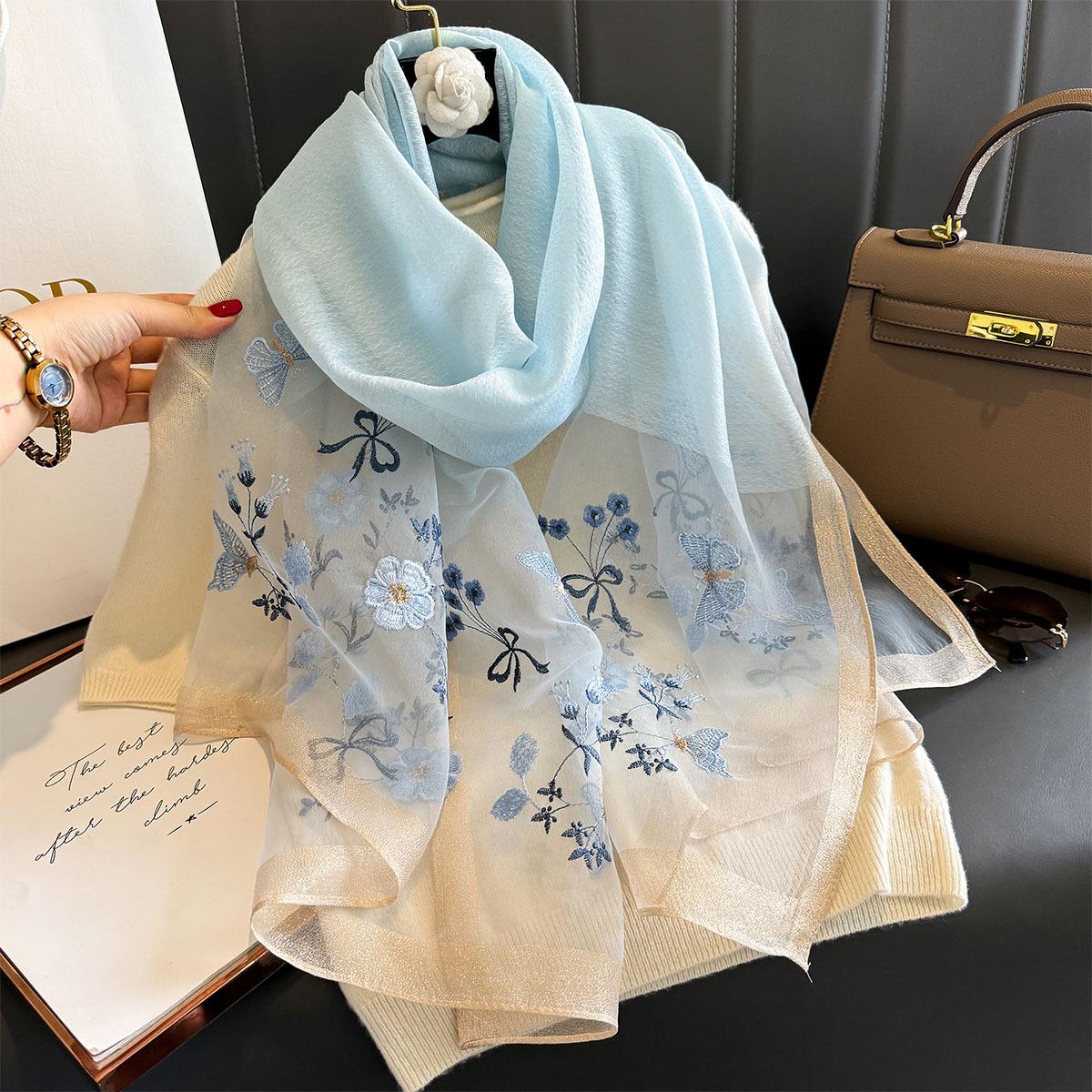 Luxus-Seidenschal für Damen Design Stickerei Blumen Hijab-Tücher Bufandas Kopftuch für Damen Fouloud Echarpe One Size gray