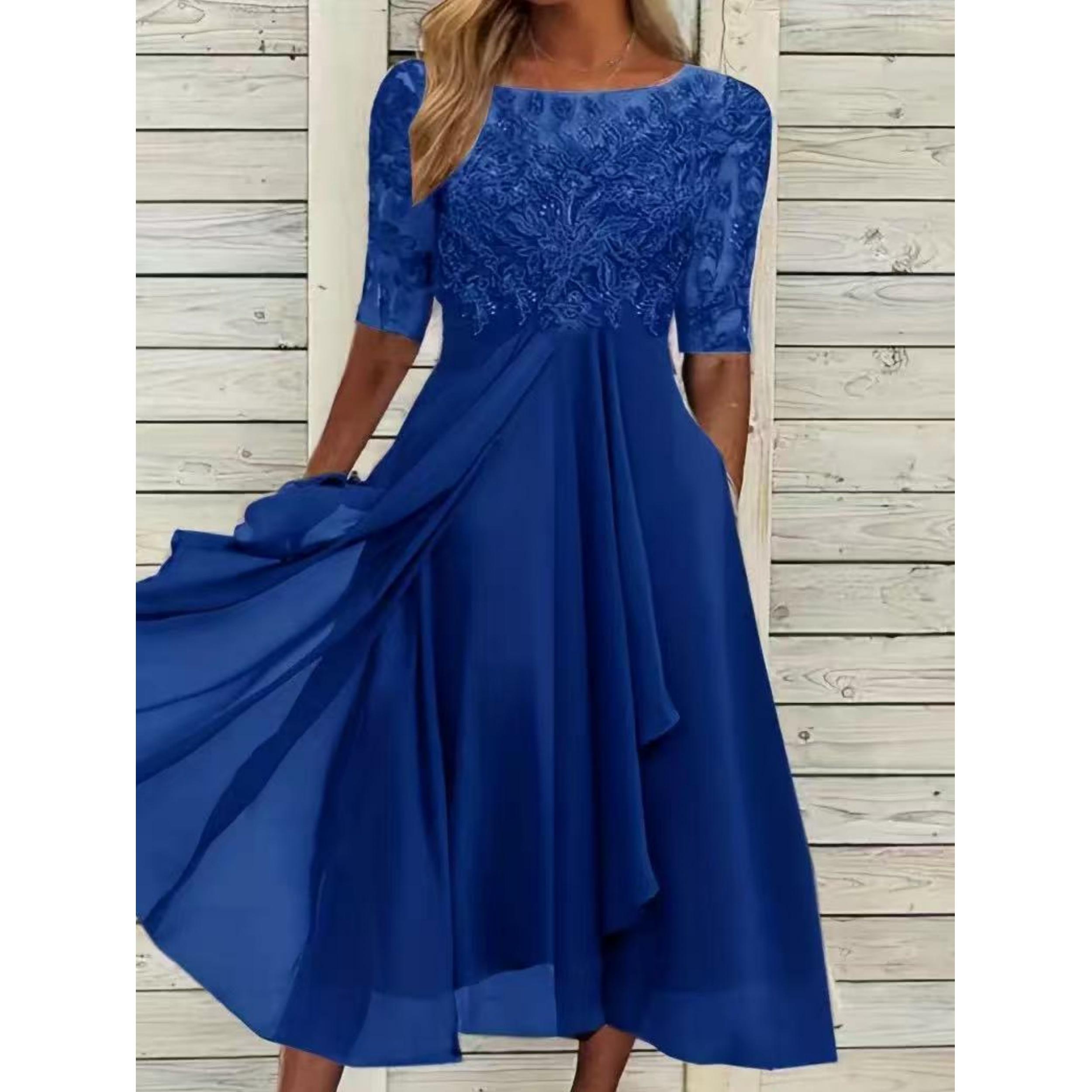 HNXC Damenmode Sommer Frühling Einfarbig Druck Kurzarm O-Ausschnitt Freizeitkleider M dunkelblaue