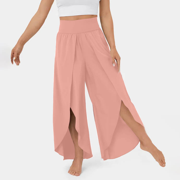 Frauen Hosen Hohe Taille Breiten Elastischen Bund Yoga Hosen Einfarbig Dünne Neunte-Länge Frauen Flowy Split Breite Bein hosen S rosa