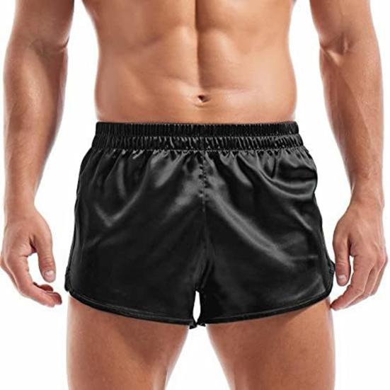 Herren-Shorts, elastische Taille, mittelhohe Taille, vielseitige Sport-Shorts, sexy Seitenschlitze, solide, glänzende Shorts im Satin-Look, für den Alltag M schwarz