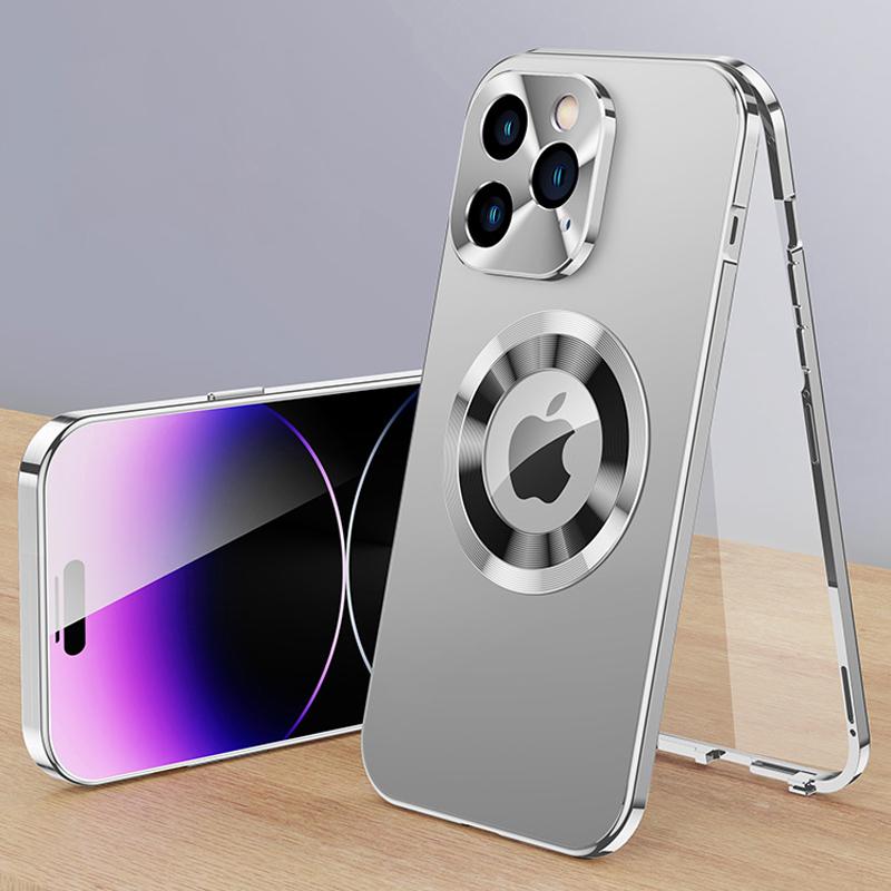 Luxuriöse magnetische Telefonhülle aus Aluminium von Aolly für iPhone 16 15 14 Plus 13 12 Pro Max. Vollständiger Linsenschutz. Metallabdeckung mit Logoloch für iPhone 15 14 Pro Max For iPhone 15 Pro Max silber