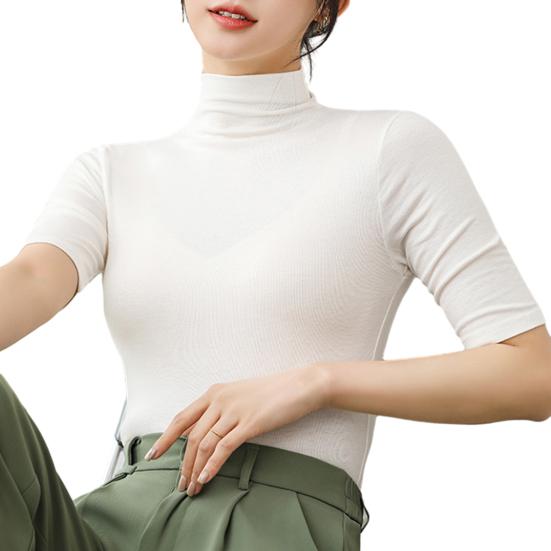 Sommer-Tops, Rollkragen, einfarbig, halbe Ärmel, schmale Passform, glatt, Sommerkleidung, Damen-Stretch-Schicht, bequemes High-Neck-Top, Alltagskleidung 2XL weiß