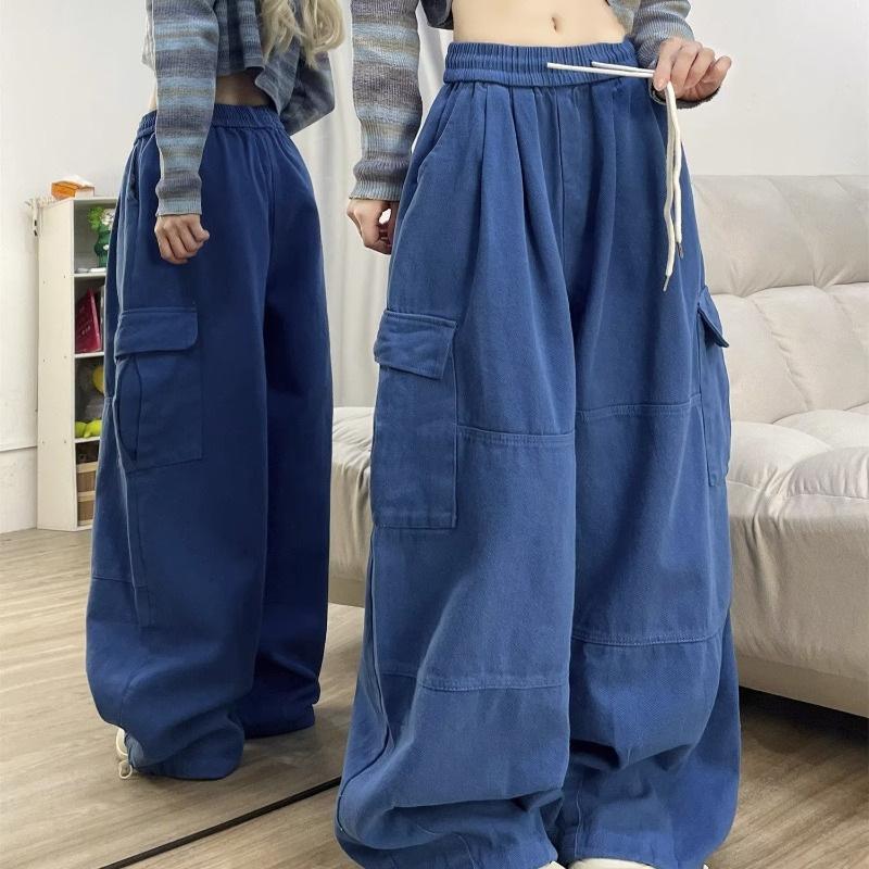 Mode Kordelzug Casual Baggy Cargo Jeans Hosen Frauen Kleidung Gerade Breite Bein Jogginghose Weibliche Hosen XL blau