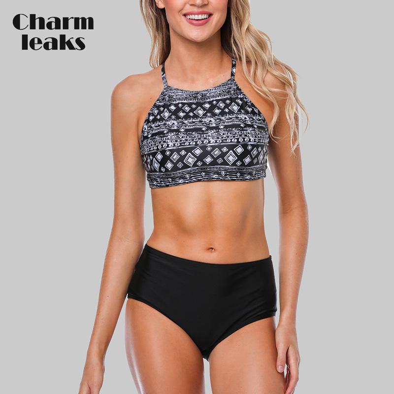 Charmleaks Damen-Bikini-Set, Neckholder, Badebekleidung, hoher Ausschnitt, Badeanzug, bedruckt, Badeanzug, Strandmode S schwarz