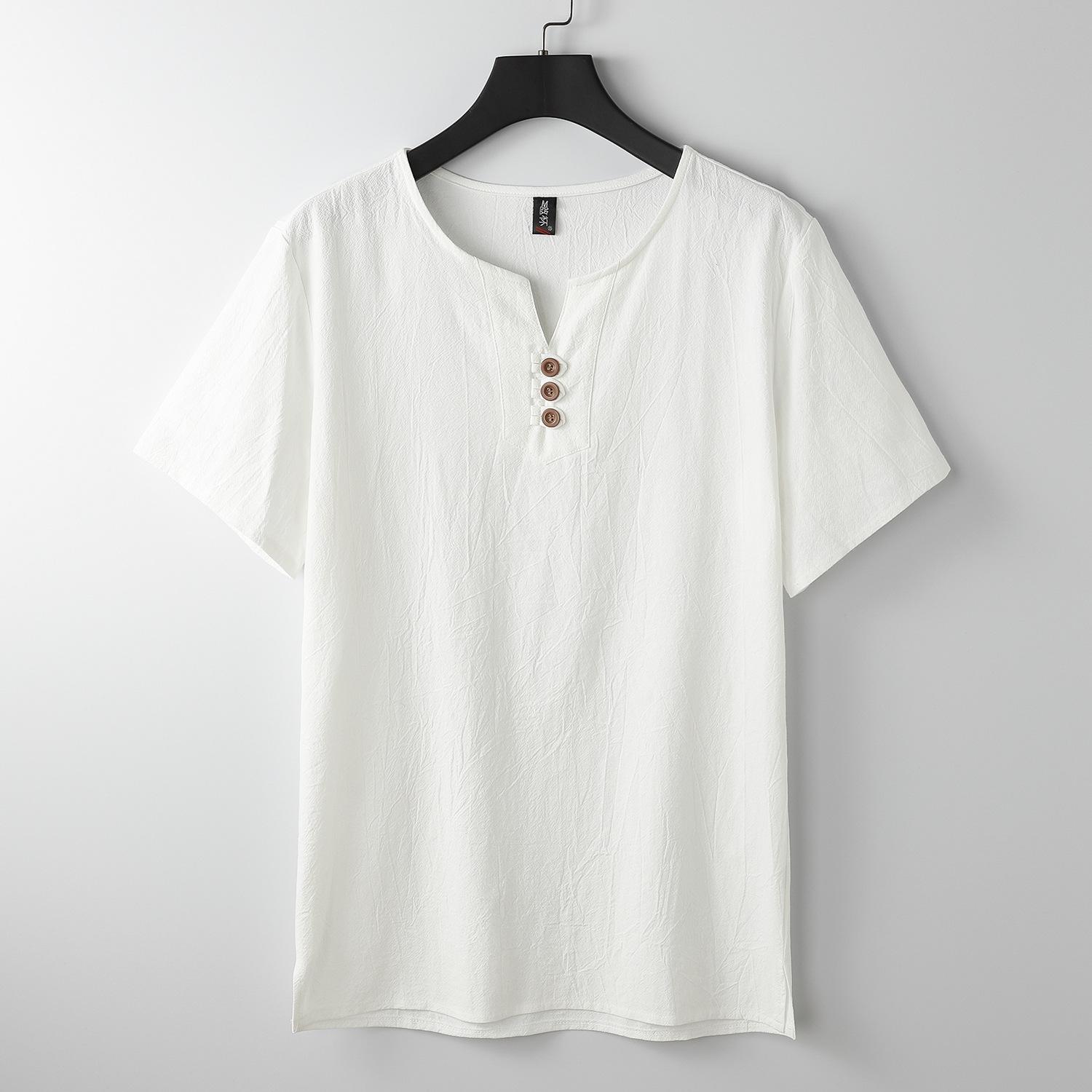 Übergröße S-9XL Leinen T-Shirt Herren Kurzarm Sommer Locker Herren Baumwolle und Leinen Chinesischer Stil Herren Scheibenknopf Oberteil 7XL weiß
