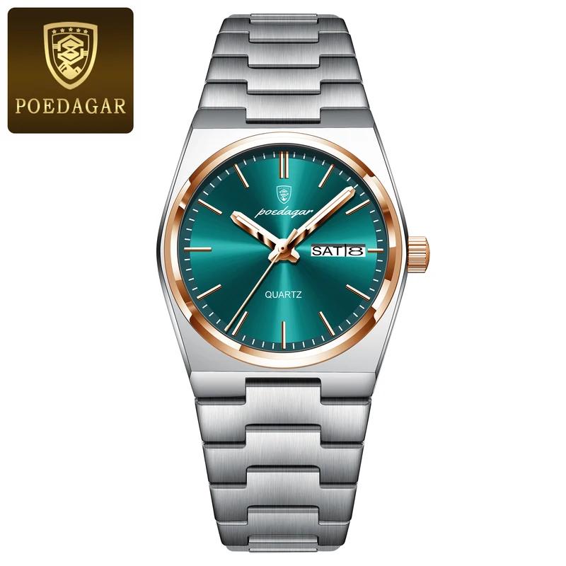 POEDAGAR Luxusuhr für Damen, elegante Quarzuhr, wasserdicht, leuchtend, Datum, Woche, Edelstahl, Damenuhren rose gold/grün