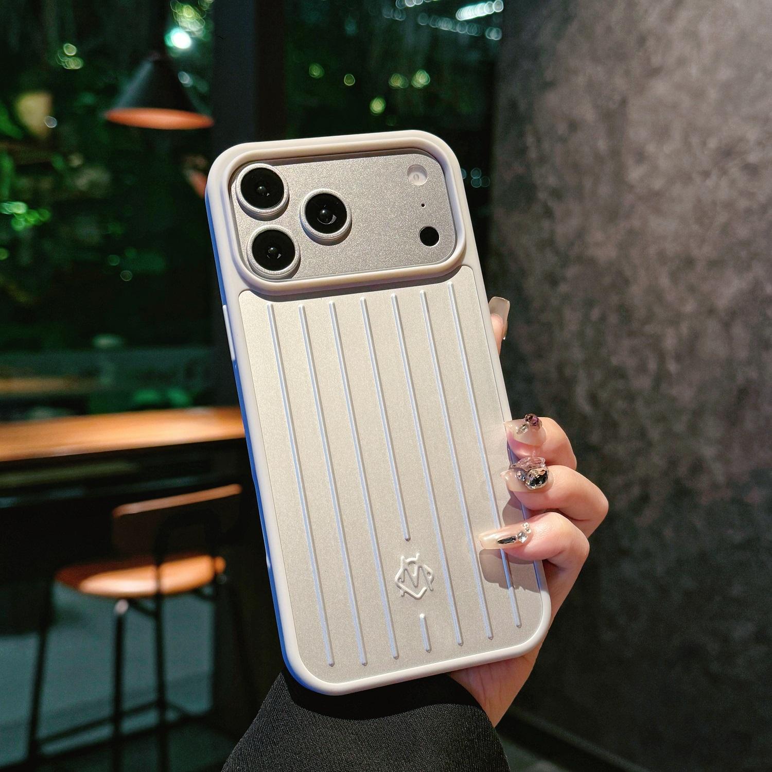 3D-Rillenstreifen Stilvolle Business-Gepäckhülle für IPhone 18 17 Pro Max 16 15 14 13 mit Box für RIMOWA Stoßfeste Sturzsichere Rückabdeckung iphone 18 pro silber