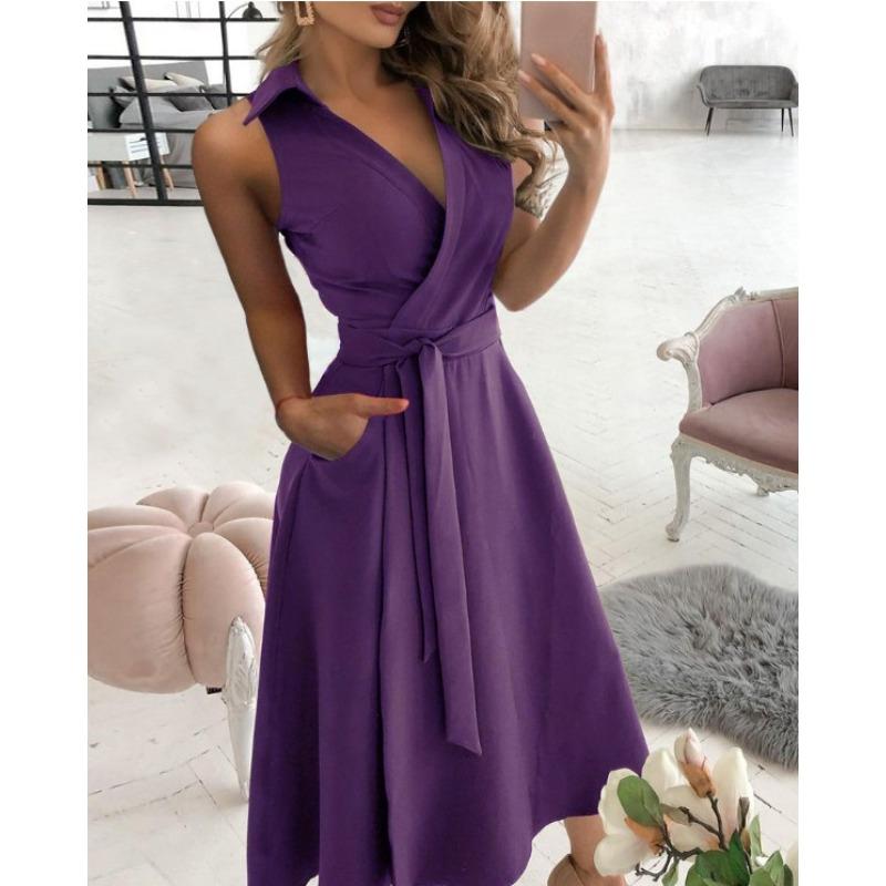 VEZFAA Damenmode Sommer Frühling Einfarbig Druck Ärmellos POLO-Kragen Mittlere Taille Lässige Kleider XL violett