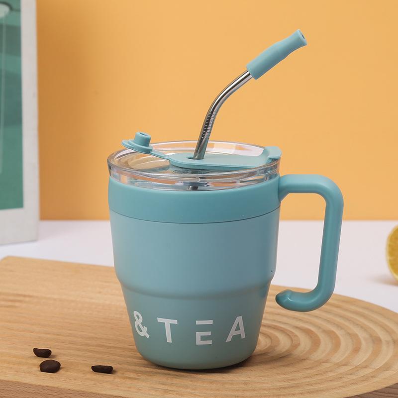 480 ml Kaffeetasse mit Strohhalmdeckel, Edelstahl-Thermosbecher für heiße und kalte Getränke, Wasser, Tee, Milch, Büro, Outdoor, tragbare Flasche 480ml blau