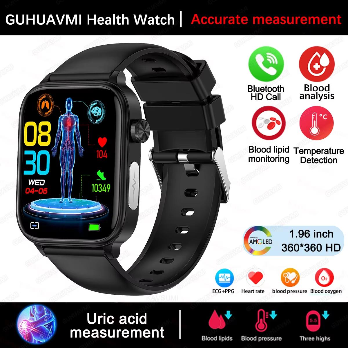 2025 Neue EKG+PPG Blutfett Harnsäure Gesundheits-Smartwatch Herren Damen Herzfrequenz Blutdruck Bluetooth Anruf Smartwatch für iOS Android Black silicone belt