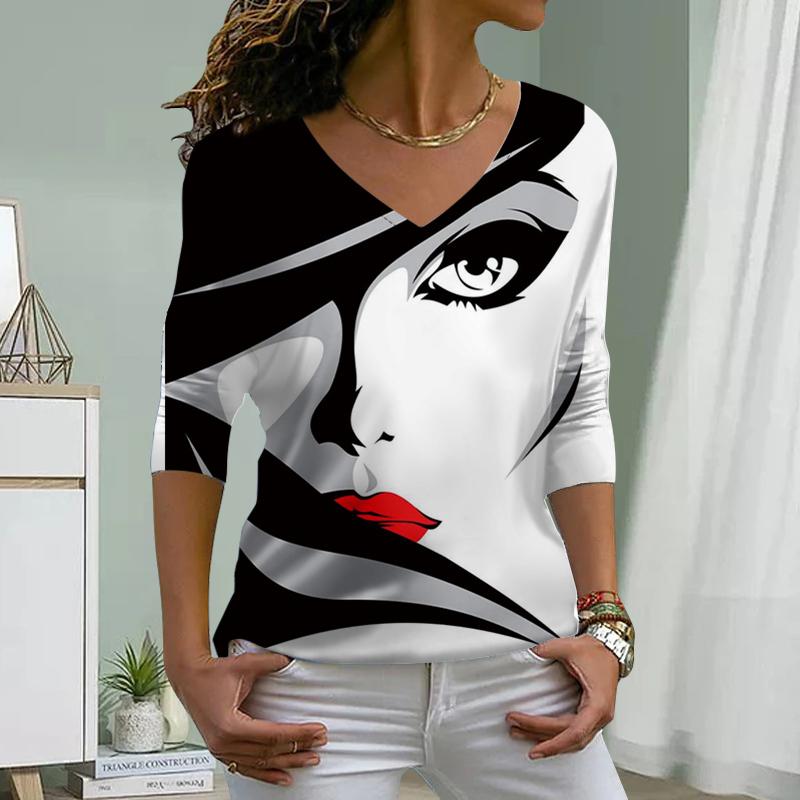 Damen-T-Shirts mit Aufdruck „Hübsche Frau“ und V-Ausschnitt, langärmelig, Pullover, T-Shirts für Damen M rot