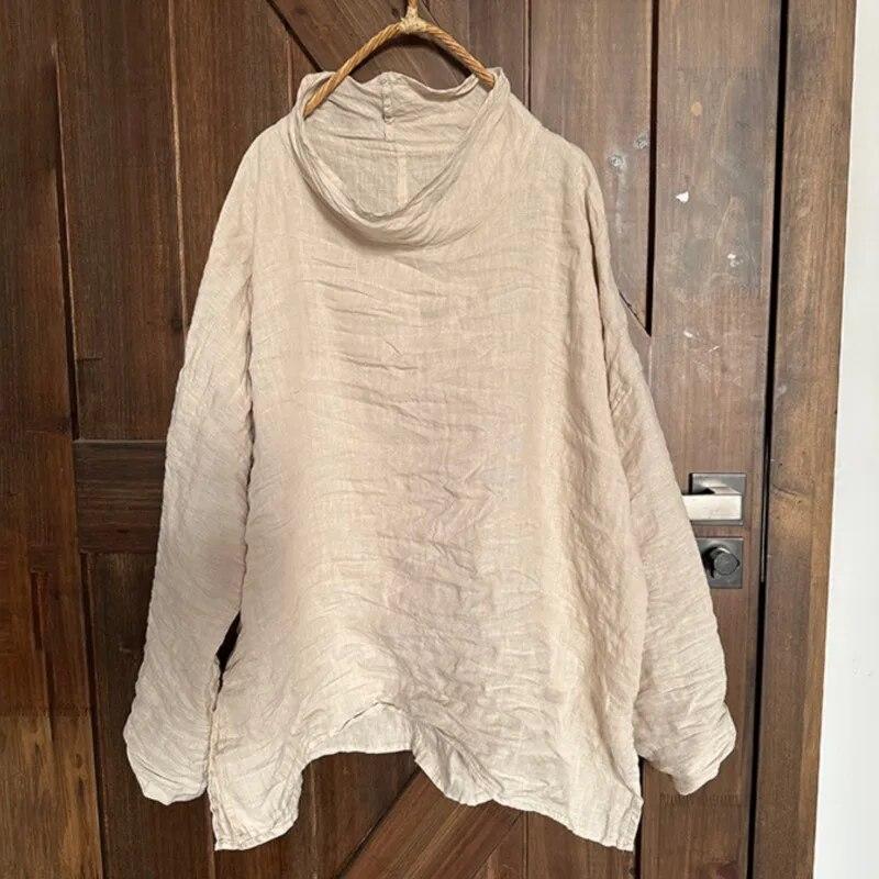 Johnature Damen Frühling Vintage T-Shirts Einfarbig Lässige T-Shirts Langarm Lose Halbhoher Kragen Damen T-Shirts M beige