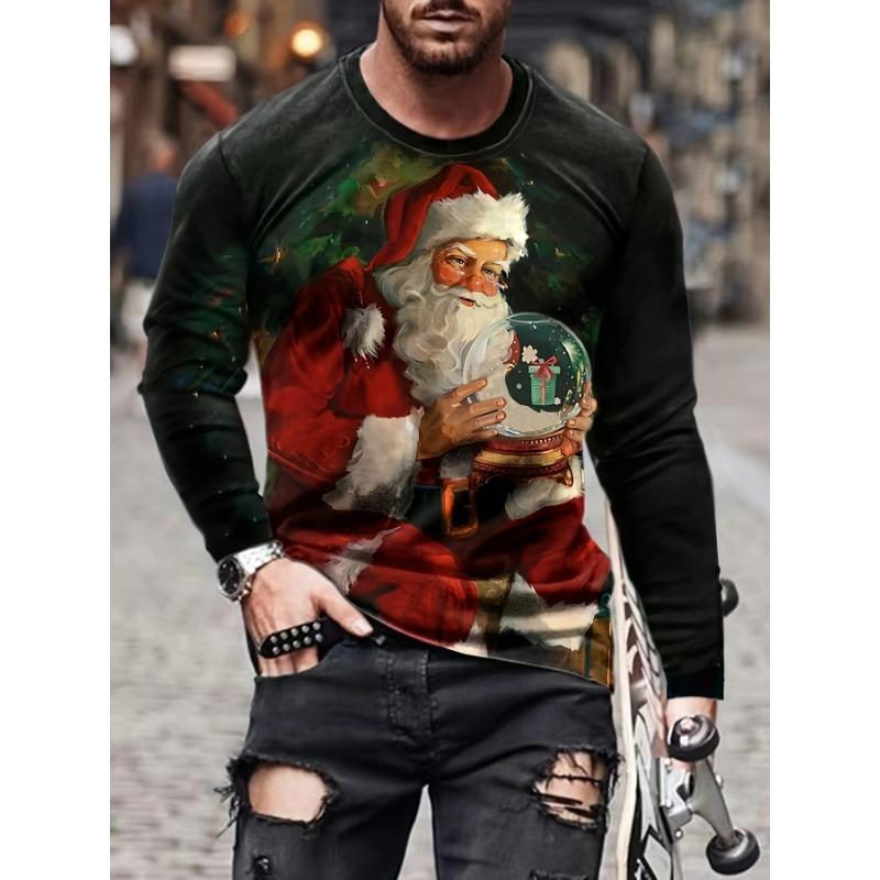 Langarmshirt für Herren, 3D-Druck, Weihnachtsmann-Print, Oberteile für Weihnachtsfeiern, lässige Herrenmode, Rundhalsausschnitt, lange Ärmel 4XL