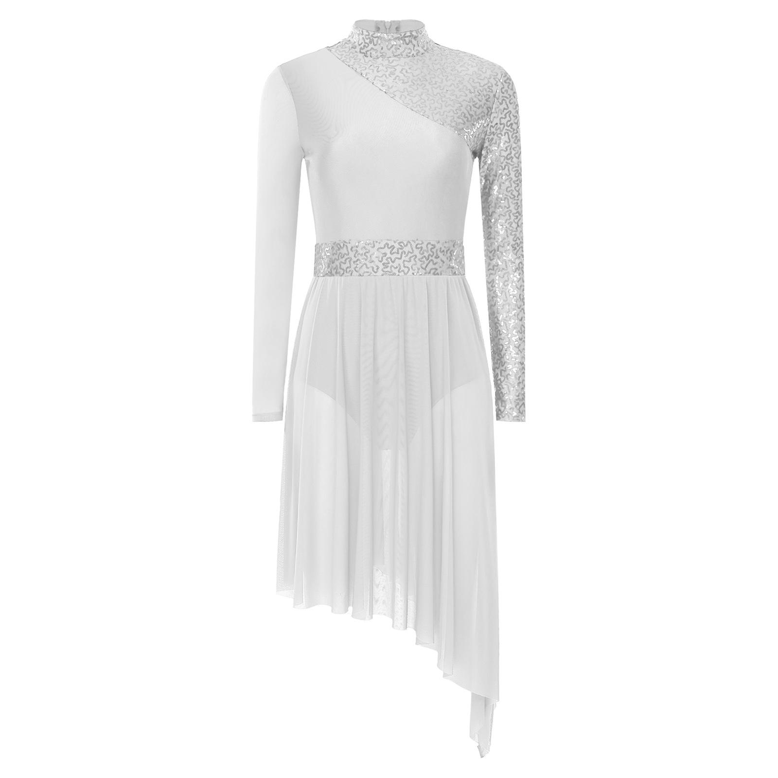 Damen Glitzernde Pailletten Tanzkleid Stehkragen Langarm Unregelmäßiger Saum Bühnenauftritt Abendkleid S weiß