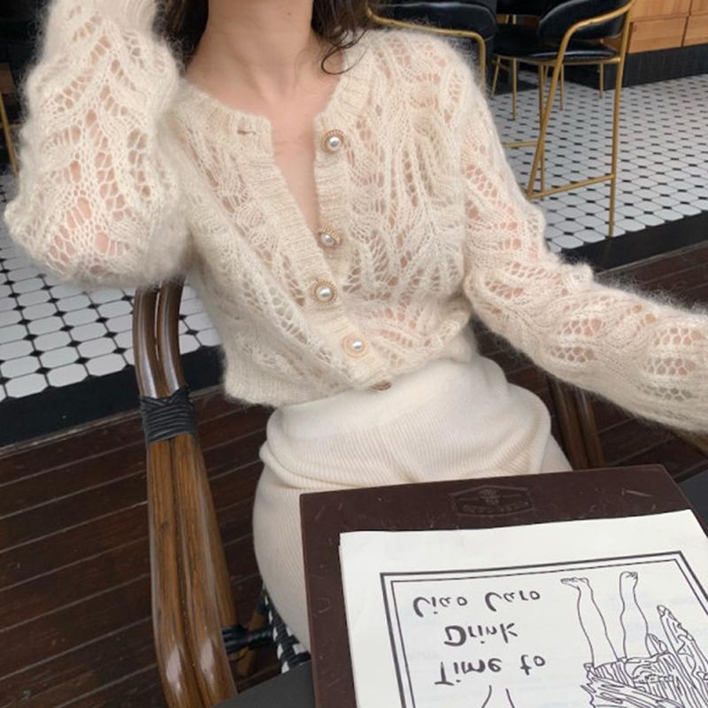 Vintage Elegante Weibliche Strickjacke Herbst Winter Lange Hülse Frauen Strickjacke Pullover Mode Aushöhlen Pullover Tops 16179 One Size elfenbein