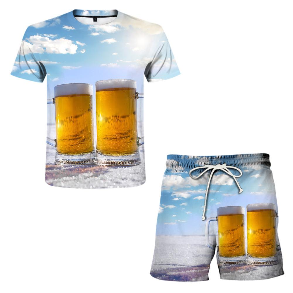 Herren Kurzarm T-Shirt Shorts Zweiteilige Anzüge Herren Mode Bier 3D gedruckt Sets XXL white