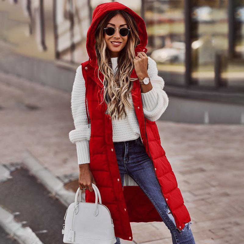 Damen Langer Mantel Weste mit Kapuze Herbst Winter Ärmellos Warm Baumwolle Daunenmantel Weste Gesteppte Weste Daunenjacke Oberbekleidung XXL rot