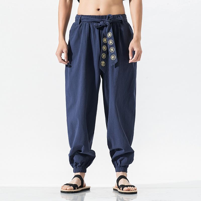 Männer Chinesische Kung Fu Hosen Tai Chi Hosen Training Wushu Hosen Schnüren Kunst Sport M navy blau