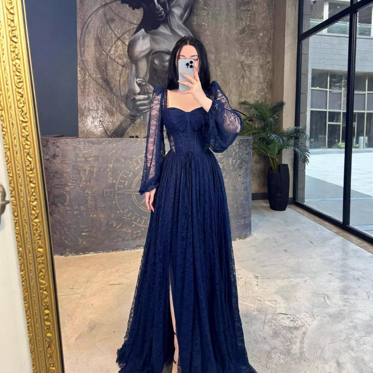 Neues elegantes Spitzen-Maxikleid mit tailliertem Schnitt und langen Ärmeln, formelles Abendkleid im europäischen amerikanischen Stil für den grenzüberschreitenden Handel, neuer Stil XXL blau