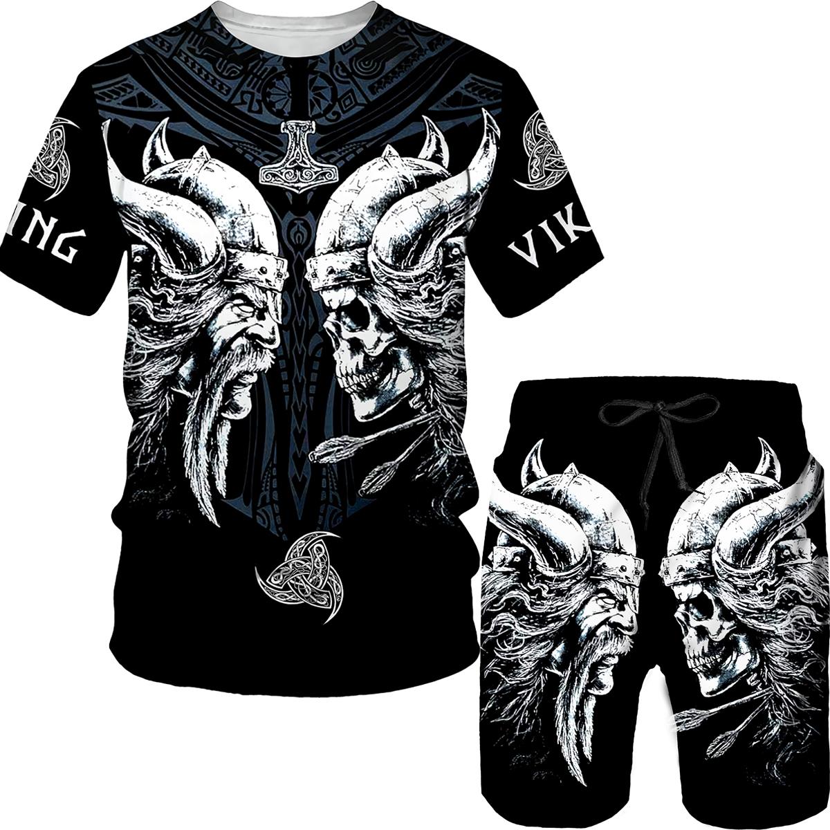 Sommer Übergroßer Herrenanzug Viking 3D-gedrucktes Herren-T-Shirt und Herren-Trainingsanzug-T-Shirt Shorts Lässige Sportbekleidung Frühling 3XL