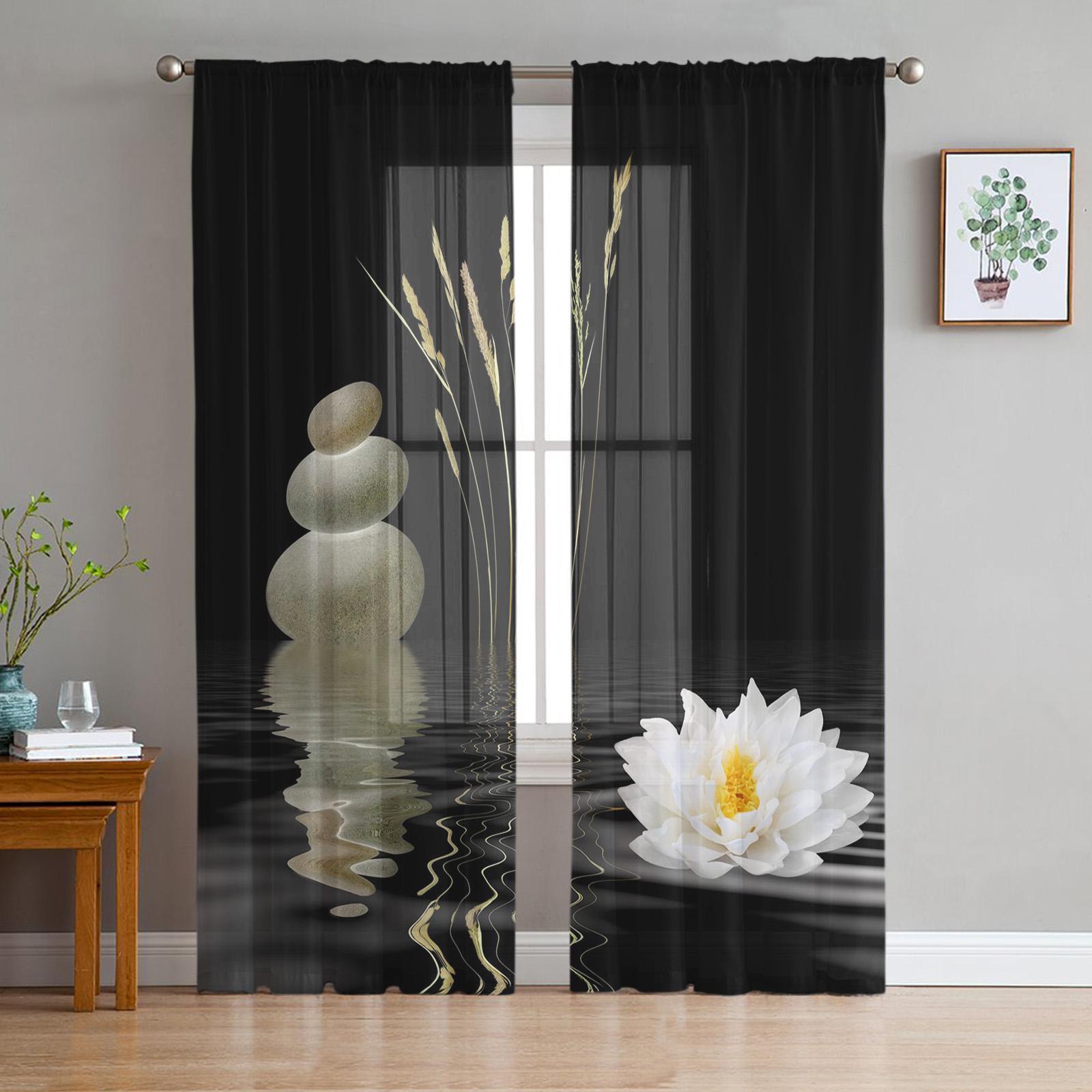 Zen-Steine Orchideen Blume Grüner Bambus Tüll Vorhänge ideal für Wohnzimmer Schlafzimmer Raumdekoration Klar Transluzent Voile Fensteröffnung Vorhang 1 PCS W100XH250cm&Grommet Top
