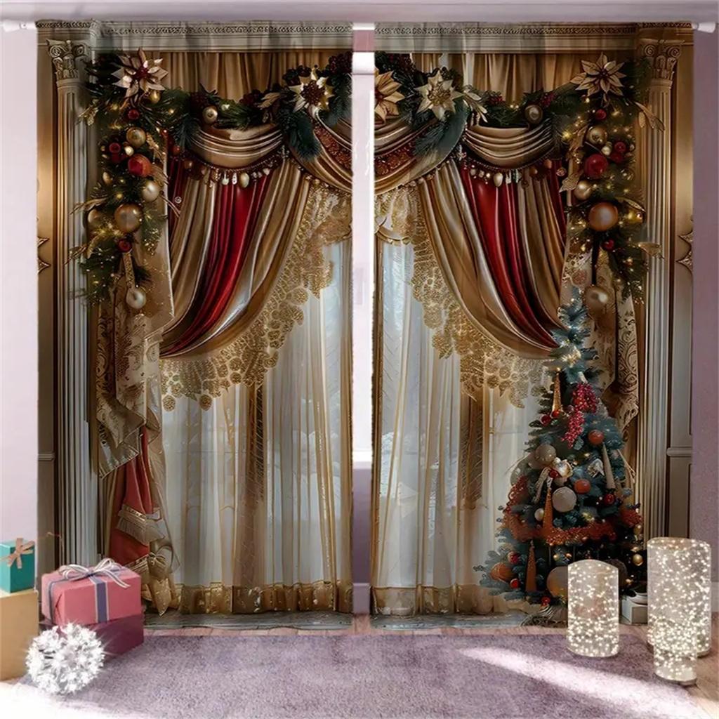 2 Stück Weihnachtsgeschenk Luxuriöse Weihnachtsdekoration Vorhänge Festlicher Digitaldruck Feiertagsdeko Wohnzimmer Schlafzimmer Küche W50 X H130(CM)X2&Grommet Top