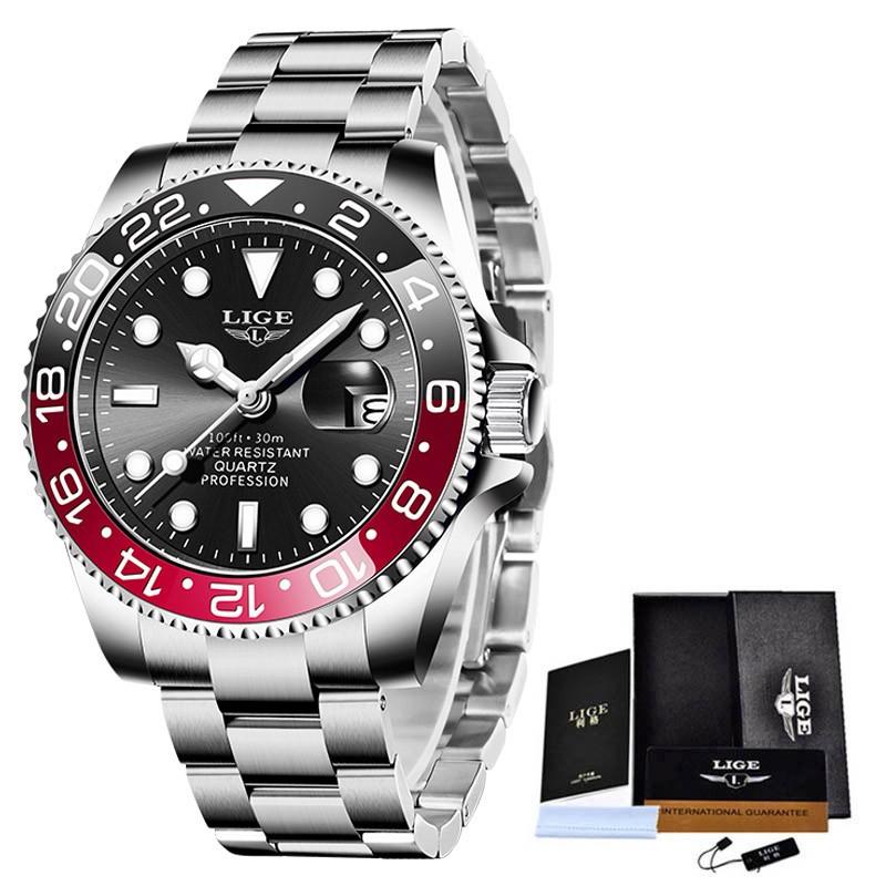 LIGE Fashion Business Herrenuhren Wasserdicht Auto Datum Uhr Militär Herrenuhr Edelstahl Sport Herren Armbanduhren rot/schwarz