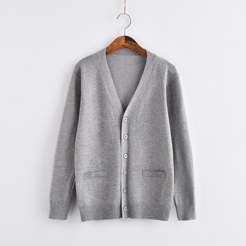 Damen Langarm J Uniform Japanischer & Koreanischer College-Stil Jacke Einfarbig Dünne Strickjacke V-Ausschnitt Pullover Strickjacke XL grau